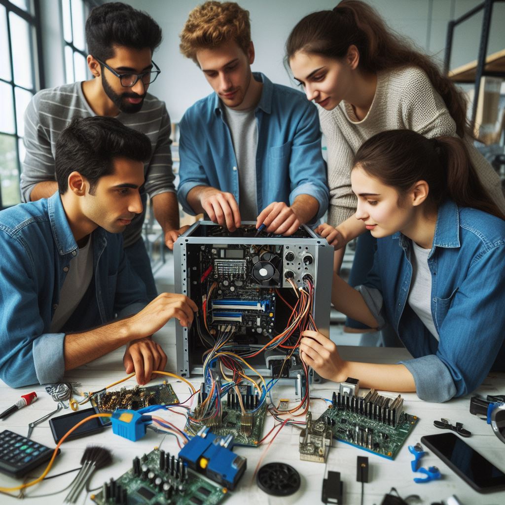 A group of students helping together for fixing the computer hardware