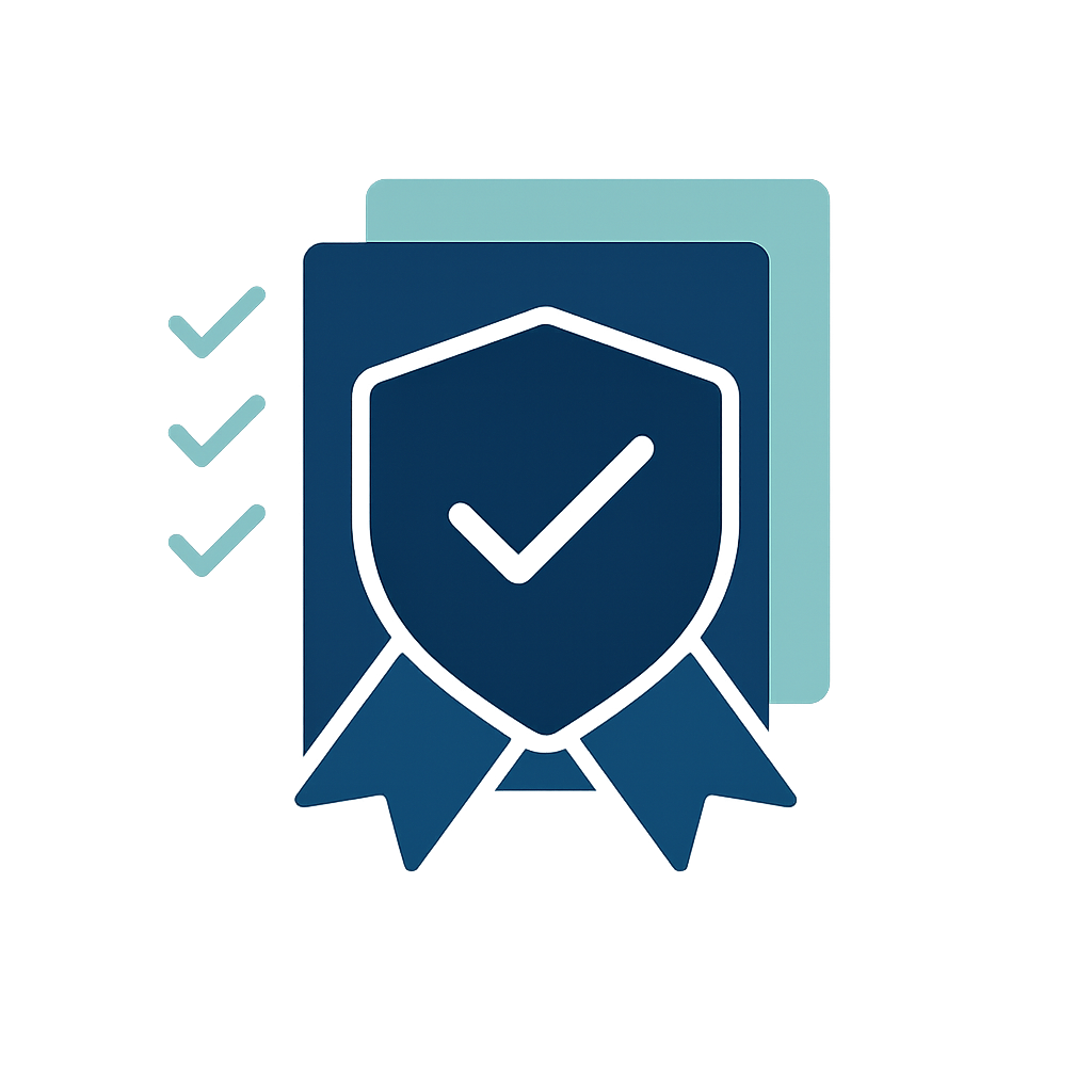 Certification badge icon with a shield, checkmark, and layered steps in navy and teal.