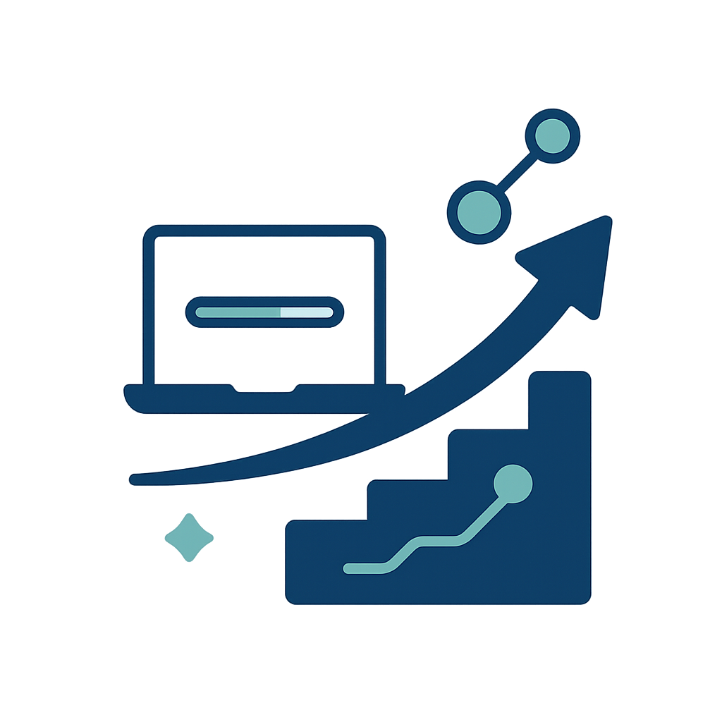 Career advancement icon with an upward arrow, tech elements, and tiered steps in navy and teal.