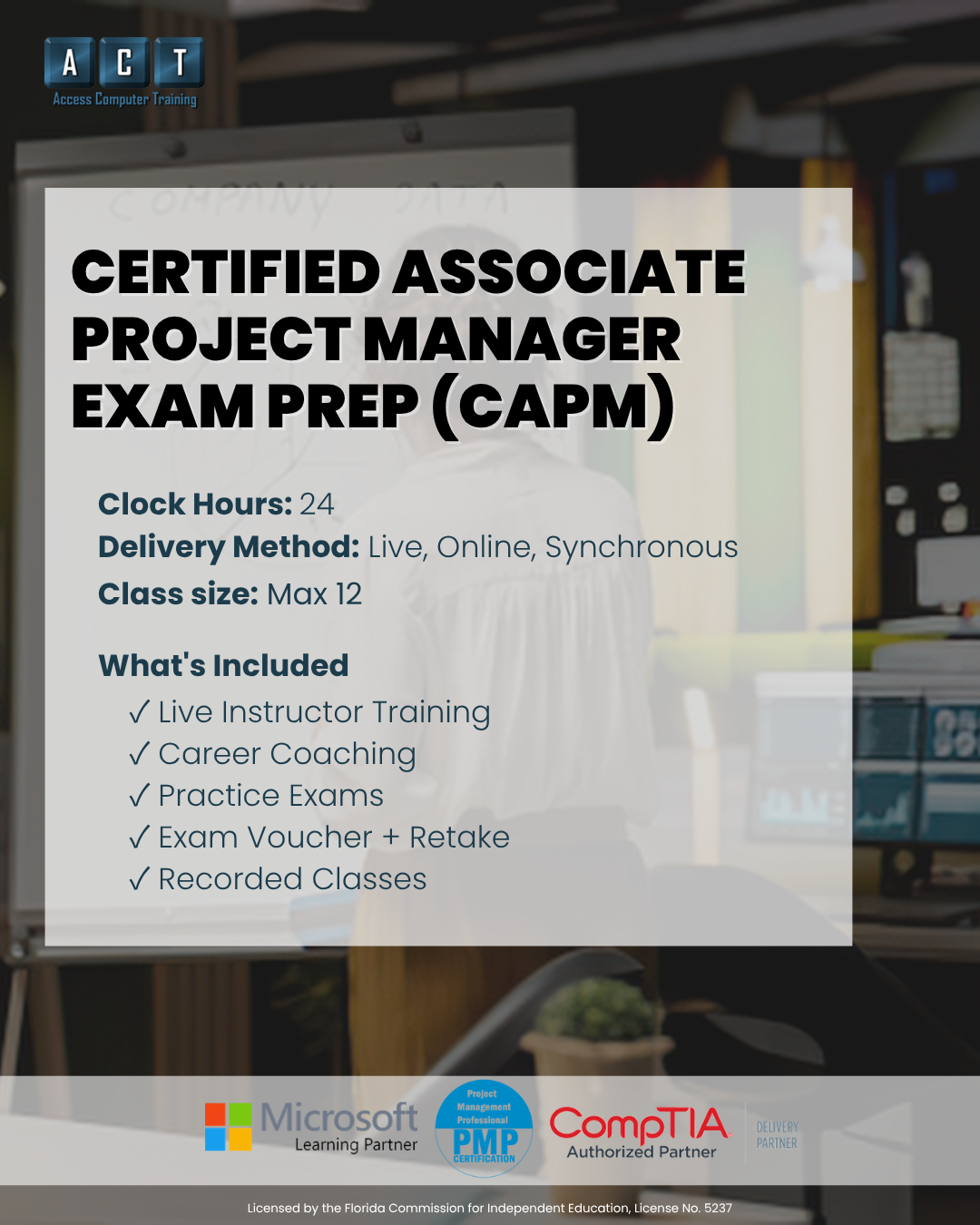 CAPM certification training Tampa. Certified Associate in Project Management exam prep at Access Computer Training